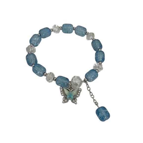 Blue and Clear Beaded Stretch Small Bracelet with Butterfly Charm - Picture 4 of 17